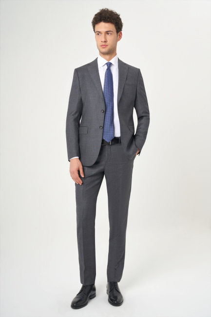 Platinum Erkek 6 Drop Mono Yaka 2 Düğmeli Çift Yırtmaçlı Yün Takım Elbise Füme - 4