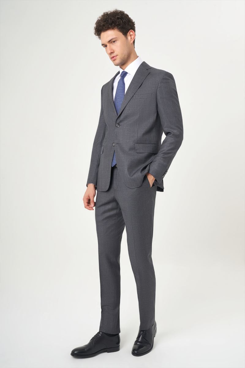 Platinum Erkek 6 Drop Mono Yaka 2 Düğmeli Çift Yırtmaçlı Yün Takım Elbise Füme - 5