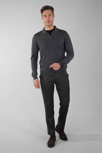 Polo Yaka Fermuar Detaylı Antrasit Erkek Yün Triko - 5