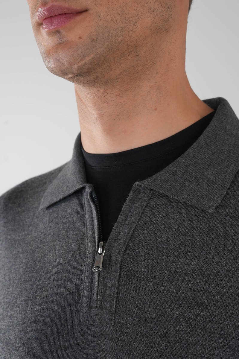 Polo Yaka Fermuar Detaylı Antrasit Erkek Yün Triko - 3