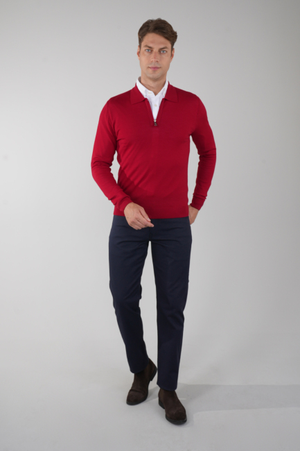 Polo Yaka Fermuar Detaylı Kırmızı Erkek Yün Triko - 5