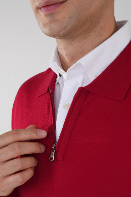 Polo Yaka Fermuar Detaylı Kırmızı Erkek Yün Triko - 3