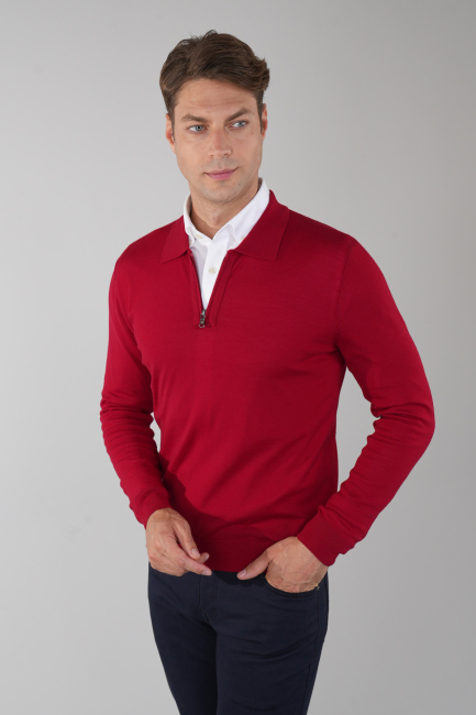Polo Yaka Fermuar Detaylı Kırmızı Erkek Yün Triko - 4