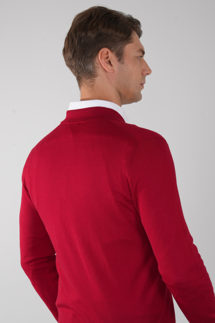 Polo Yaka Fermuar Detaylı Kırmızı Erkek Yün Triko - 2