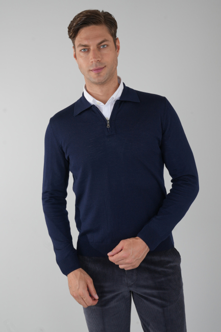 Polo Yaka Fermuar Detaylı Lacivert Erkek Yün Triko 
