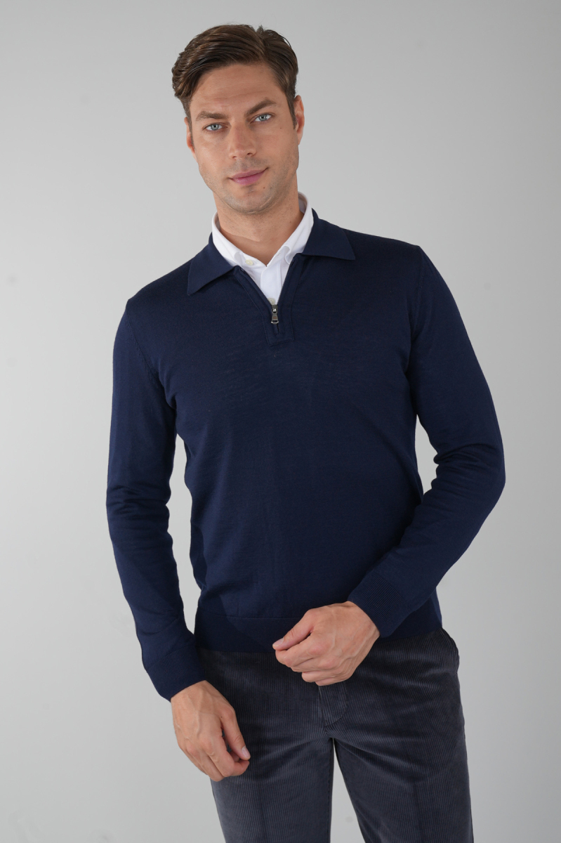 Polo Yaka Fermuar Detaylı Lacivert Erkek Yün Triko