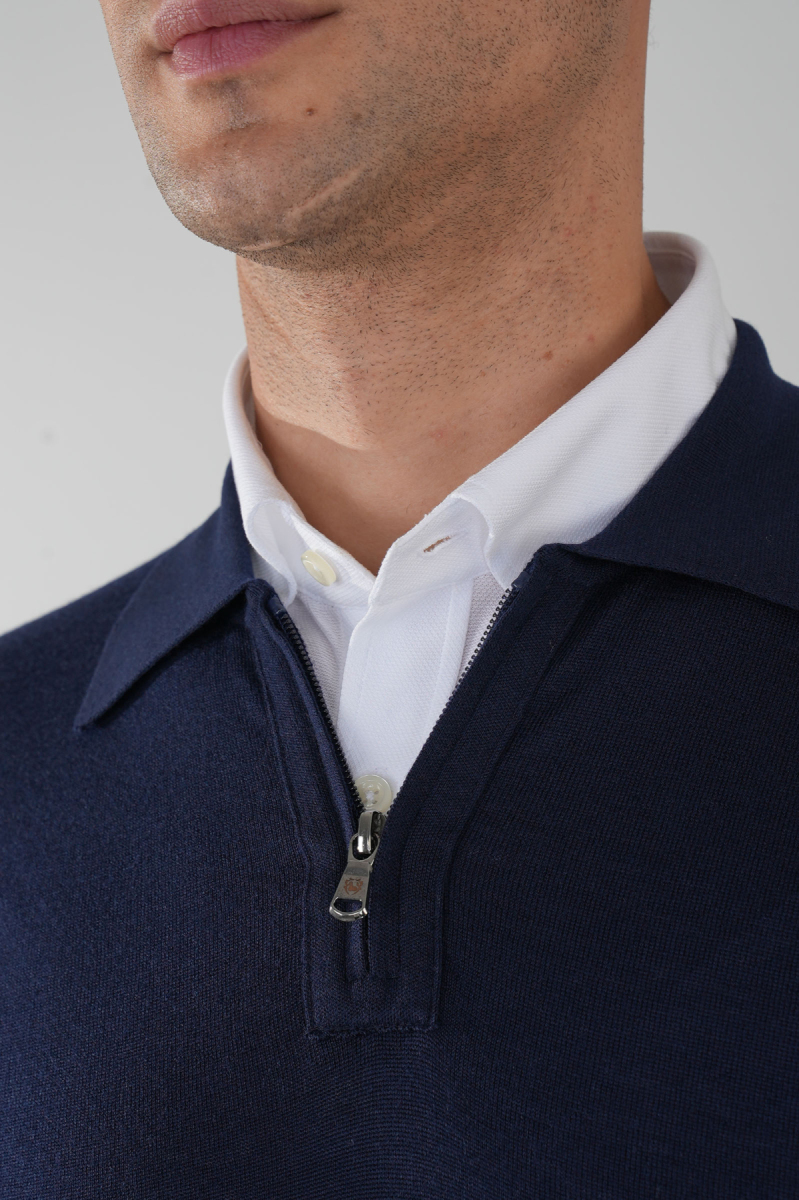 Polo Yaka Fermuar Detaylı Lacivert Erkek Yün Triko - 3