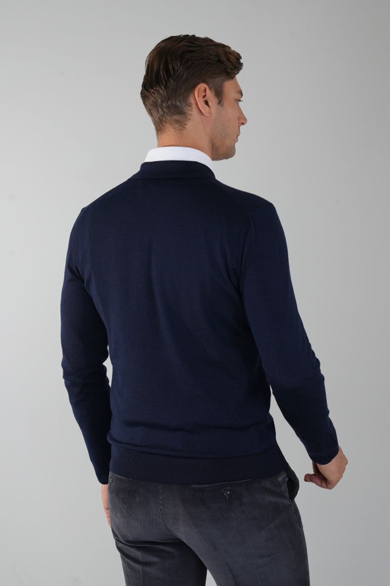 Polo Yaka Fermuar Detaylı Lacivert Erkek Yün Triko (1)