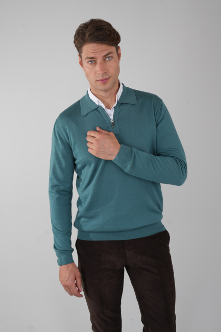 Polo Yaka Fermuar Detaylı Mint Erkek Yün Triko - 1