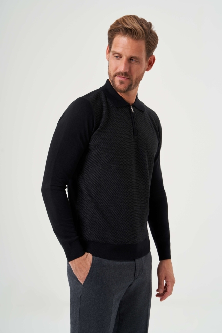 Polo Yaka Fermuar Detaylı Siyah Jakarlı Erkek Triko