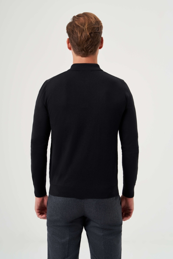 Polo Yaka Fermuar Detaylı Siyah Jakarlı Erkek Triko (1)