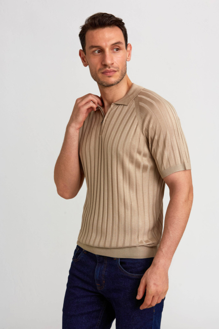 Polo Yaka Fermuarlı Bej Erkek Triko T-Shirt - 4