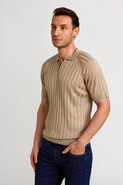 Polo Yaka Fermuarlı Bej Erkek Triko T-Shirt - 3