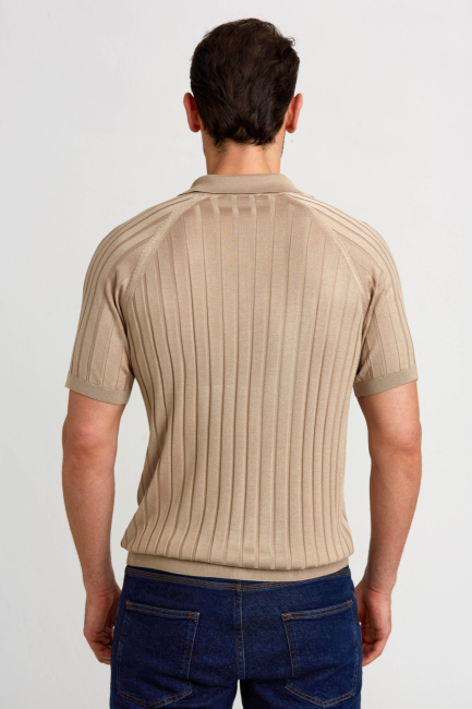 Polo Yaka Fermuarlı Bej Erkek Triko T-Shirt - 2