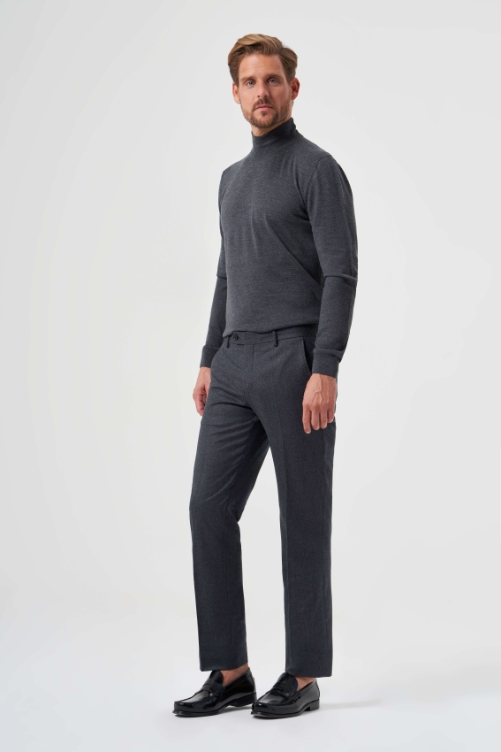 Regular Fit Düz Dokuma Flanel Antrasit Klasik Erkek Pantolon - 1