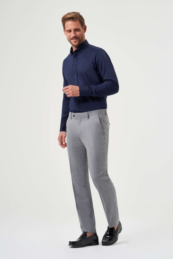 Regular Fit Düz Dokuma Flanel Gri Klasik Erkek Pantolon - 1
