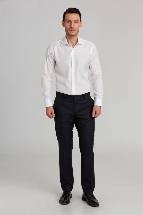 Regular Fit Düz Dokuma Flanel Lacivert Klasik Erkek Pantolon - 1