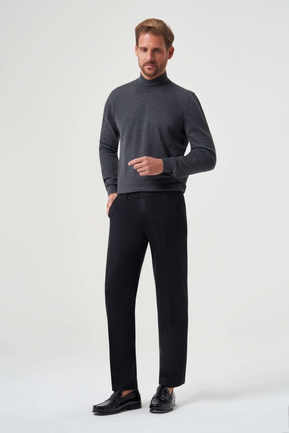 Regular Fit Düz Dokuma Flanel Siyah Klasik Erkek Pantolon - 1