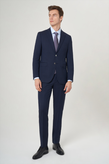 Erkek Modern Fit Mono Yaka 2 Düğme Çift Yırtmaçlı Takım Elbise Lacivert - 5