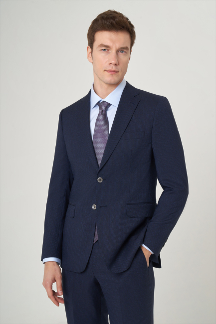 Erkek Modern Fit Mono Yaka 2 Düğme Çift Yırtmaçlı Takım Elbise Lacivert - 4