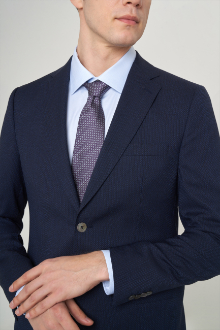 Erkek Modern Fit Mono Yaka 2 Düğme Çift Yırtmaçlı Takım Elbise Lacivert - 3