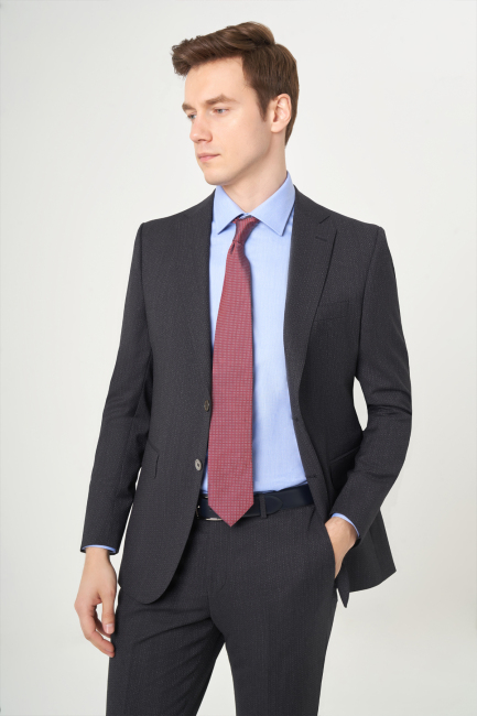 Modern Fit Mono Yaka 2Düğmeli Çift Yırtmaçlı Siyah Erkek Takım Elbise - 3