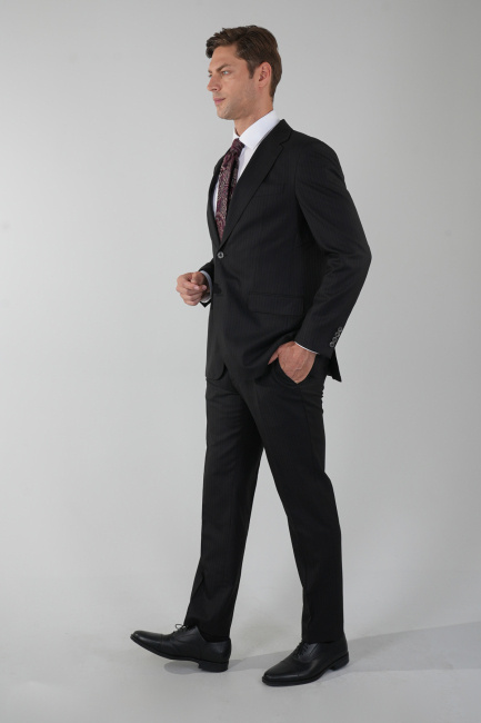 Siyah Mono Yaka Çift Yırtmaçlı 6 Drop Yün Takım Elbise - 5