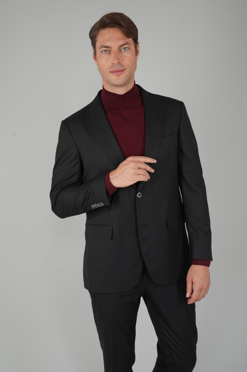 Siyah Mono Yaka Çift Yırtmaçlı 6 Drop Yün Takım Elbise - 6