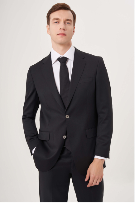 Comfort Fit Mono Yaka Drop 6 Çift Yırtmaçlı Siyah Erkek Takım Elbise - 5