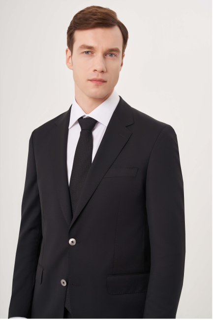 Comfort Fit Mono Yaka Drop 6 Çift Yırtmaçlı Siyah Erkek Takım Elbise - 4