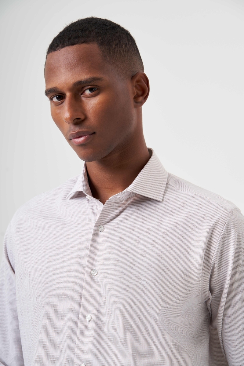 Regular Fit Bej Çizgili İtalyan Yaka Klasik Erkek Gömlek - 5