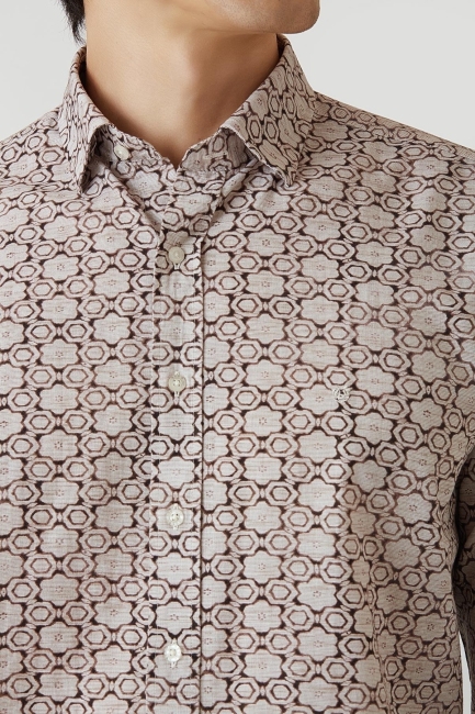 Regular Fit Bej Desenli Modern Spor Erkek Gömlek - 3