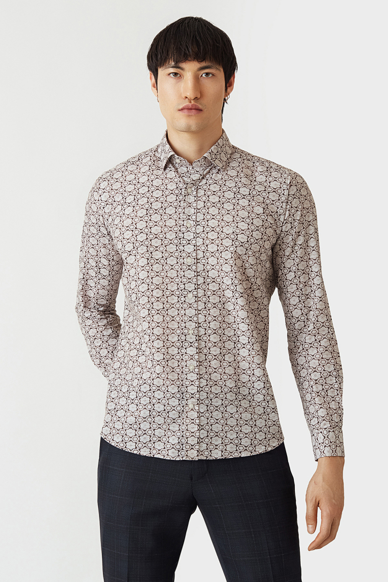 Regular Fit Bej Desenli Modern Spor Erkek Gömlek