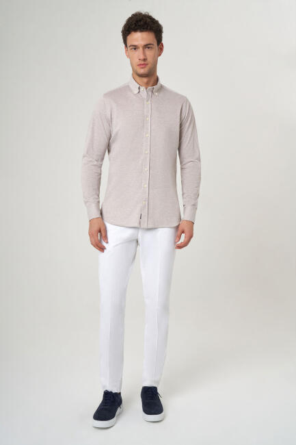 Regular Fit Bej Oxford Örme Paşa Yaka Uzun Kollu Erkek Gömlek (1)