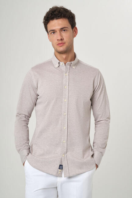 Regular Fit Bej Oxford Örme Paşa Yaka Uzun Kollu Erkek Gömlek