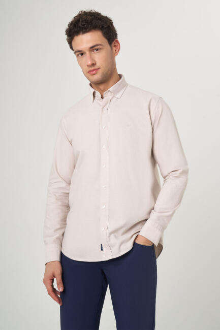 Regular Fit Bej Oxford Spor Erkek Gömlek - 1