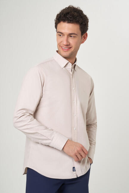 Regular Fit Bej Oxford Spor Erkek Gömlek - 4