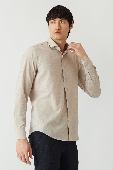 Regular Fit Bej Pamuk Keten Spor Erkek Gömlek - 4