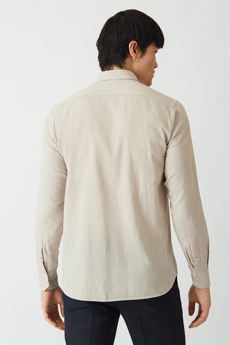 Regular Fit Bej Pamuk Keten Spor Erkek Gömlek (1)