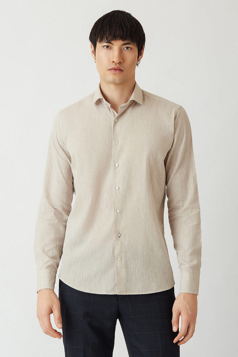 Regular Fit Bej Pamuk Keten Spor Erkek Gömlek