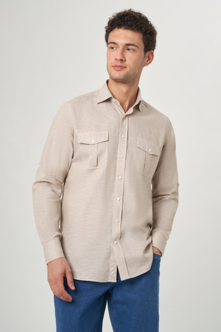 Regular Fit Bej Paşa Yaka Uzun Kollu Spor Erkek Gömlek - 1
