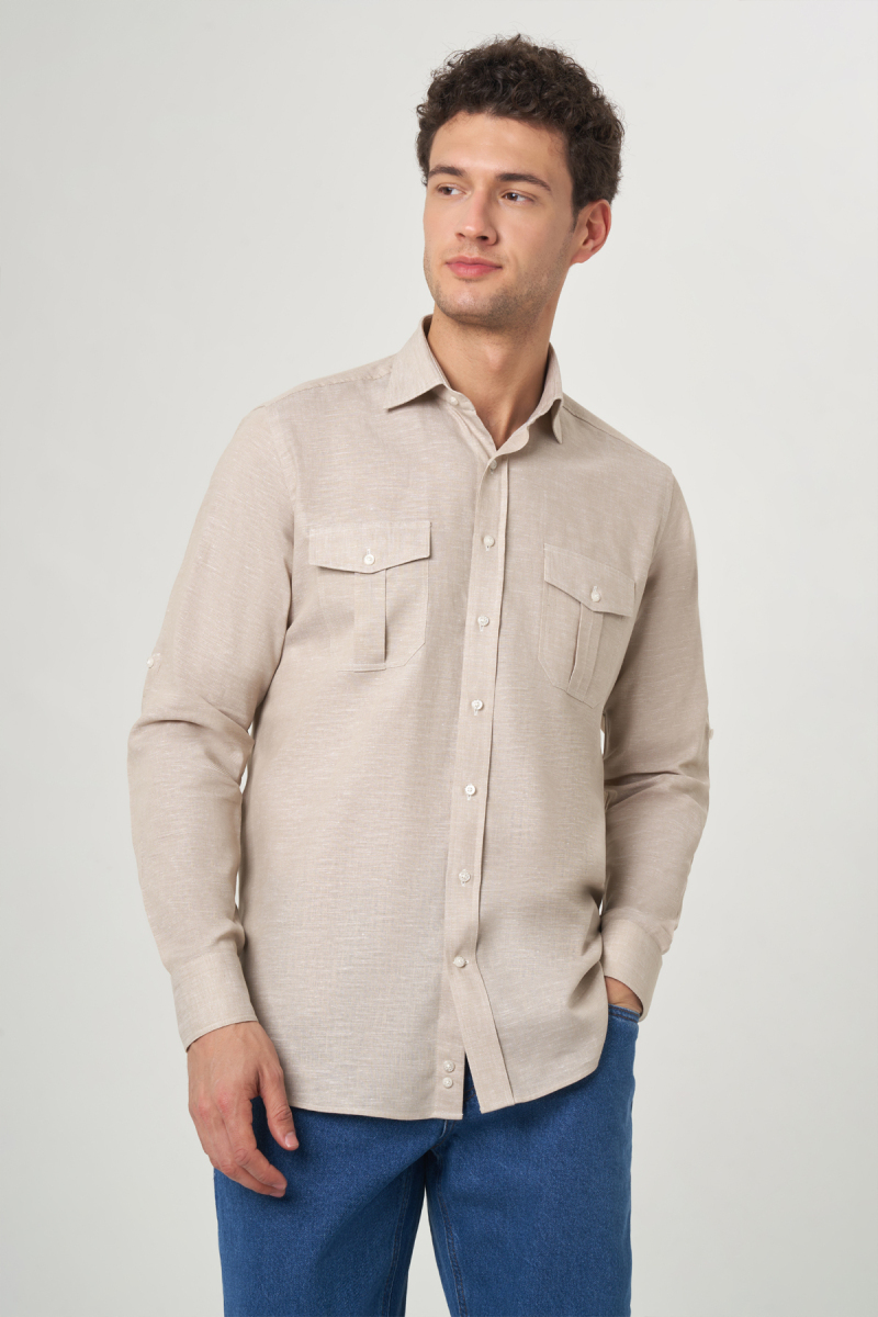 Regular Fit Bej Paşa Yaka Uzun Kollu Spor Erkek Gömlek
