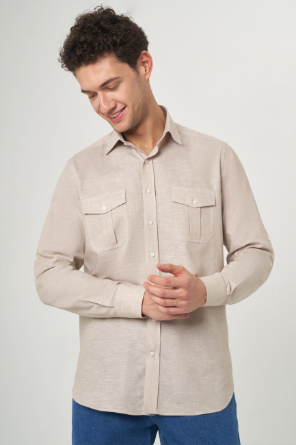 Regular Fit Bej Paşa Yaka Uzun Kollu Spor Erkek Gömlek - 3