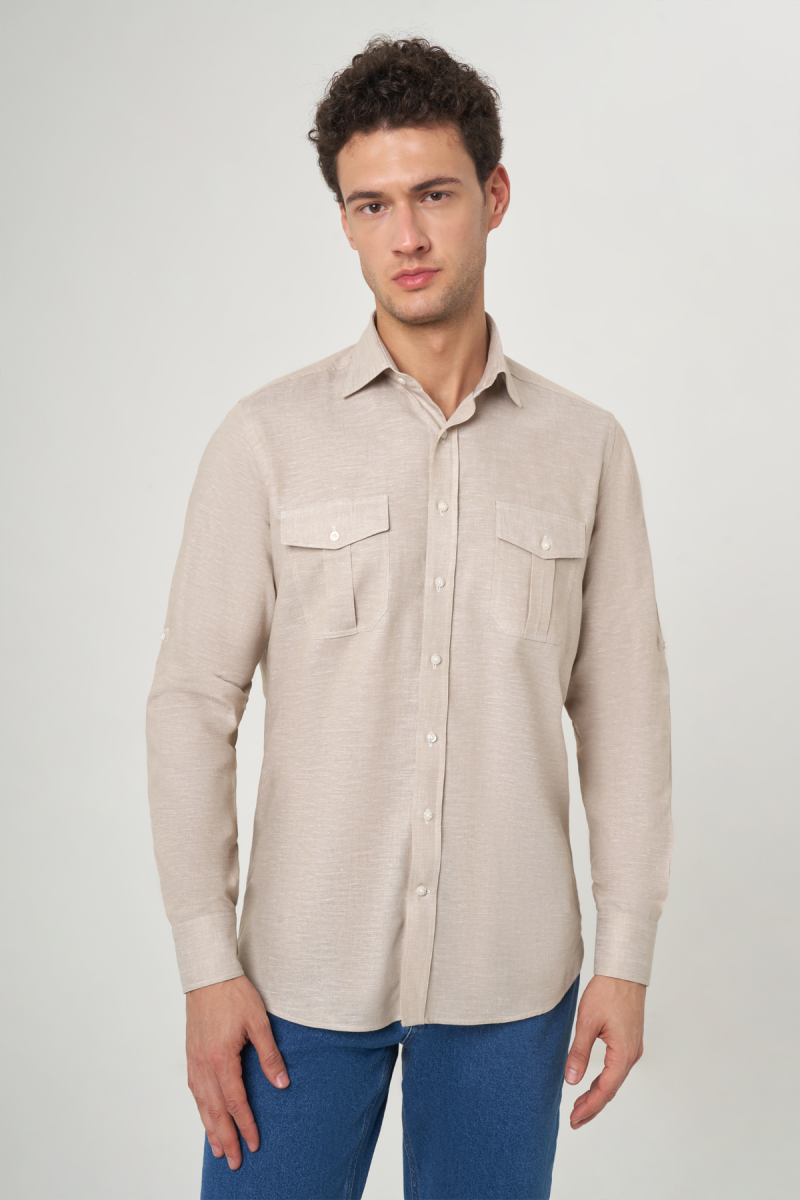 Regular Fit Bej Paşa Yaka Uzun Kollu Spor Erkek Gömlek - 4