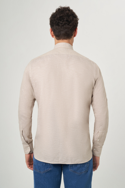 Regular Fit Bej Paşa Yaka Uzun Kollu Spor Erkek Gömlek - 2