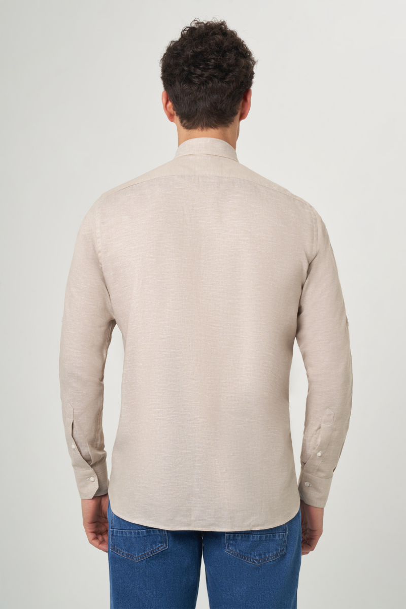 Regular Fit Bej Paşa Yaka Uzun Kollu Spor Erkek Gömlek (1)