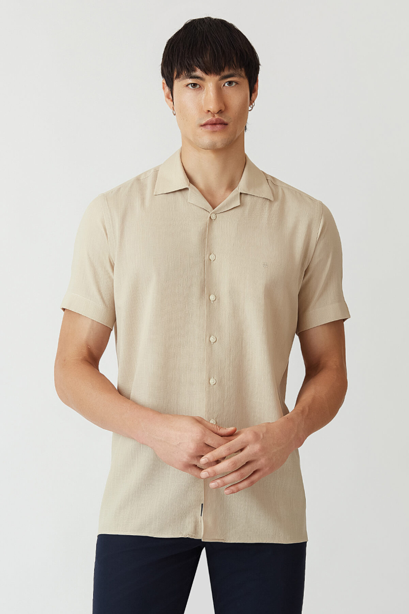 Regular Fit Bej Renk Kısa Kollu Yazlık Erkek Gömlek