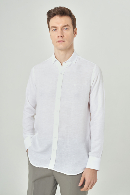 Regular Fit Beyaz Gabardin Spor Yaka Erkek Gömlek - 1