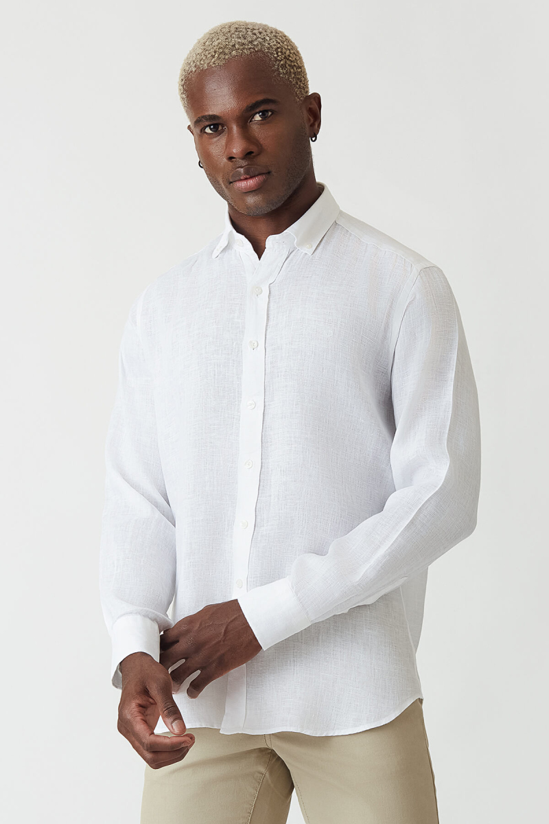 Regular Fit Beyaz Keten Erkek Gömlek - 5
