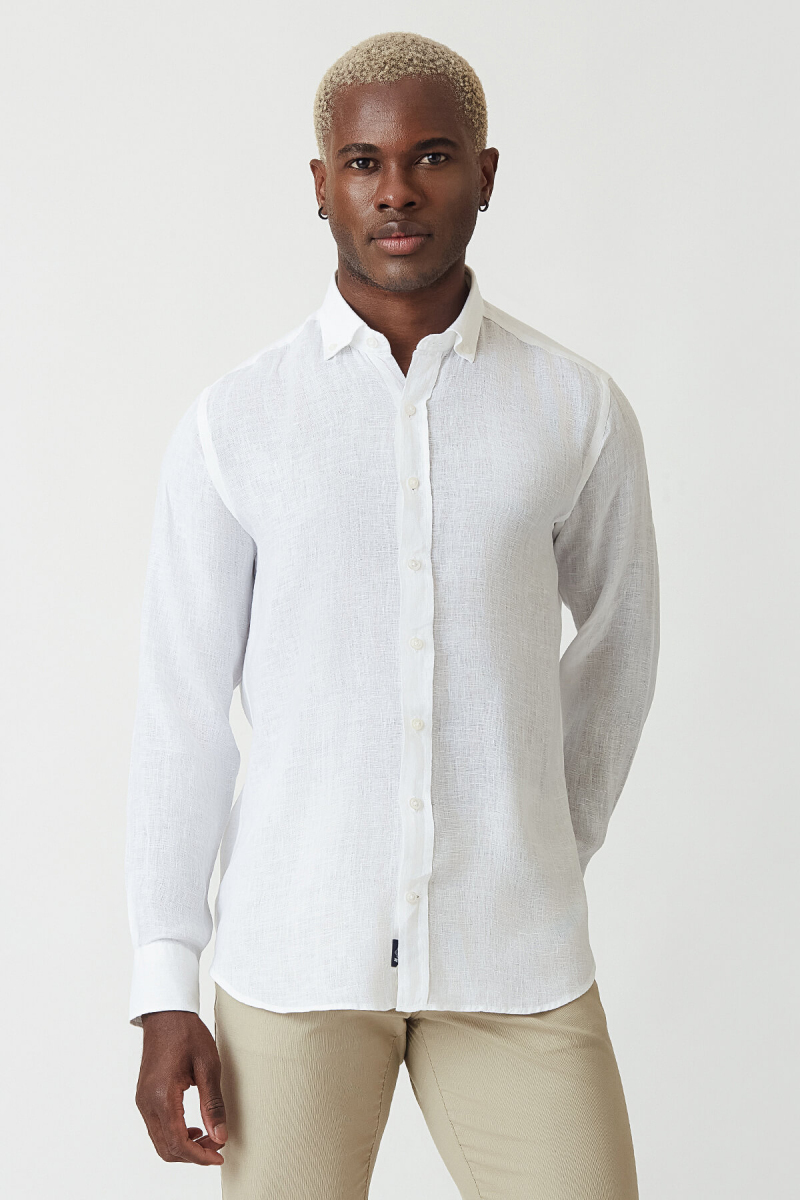 Regular Fit Beyaz Keten Erkek Gömlek